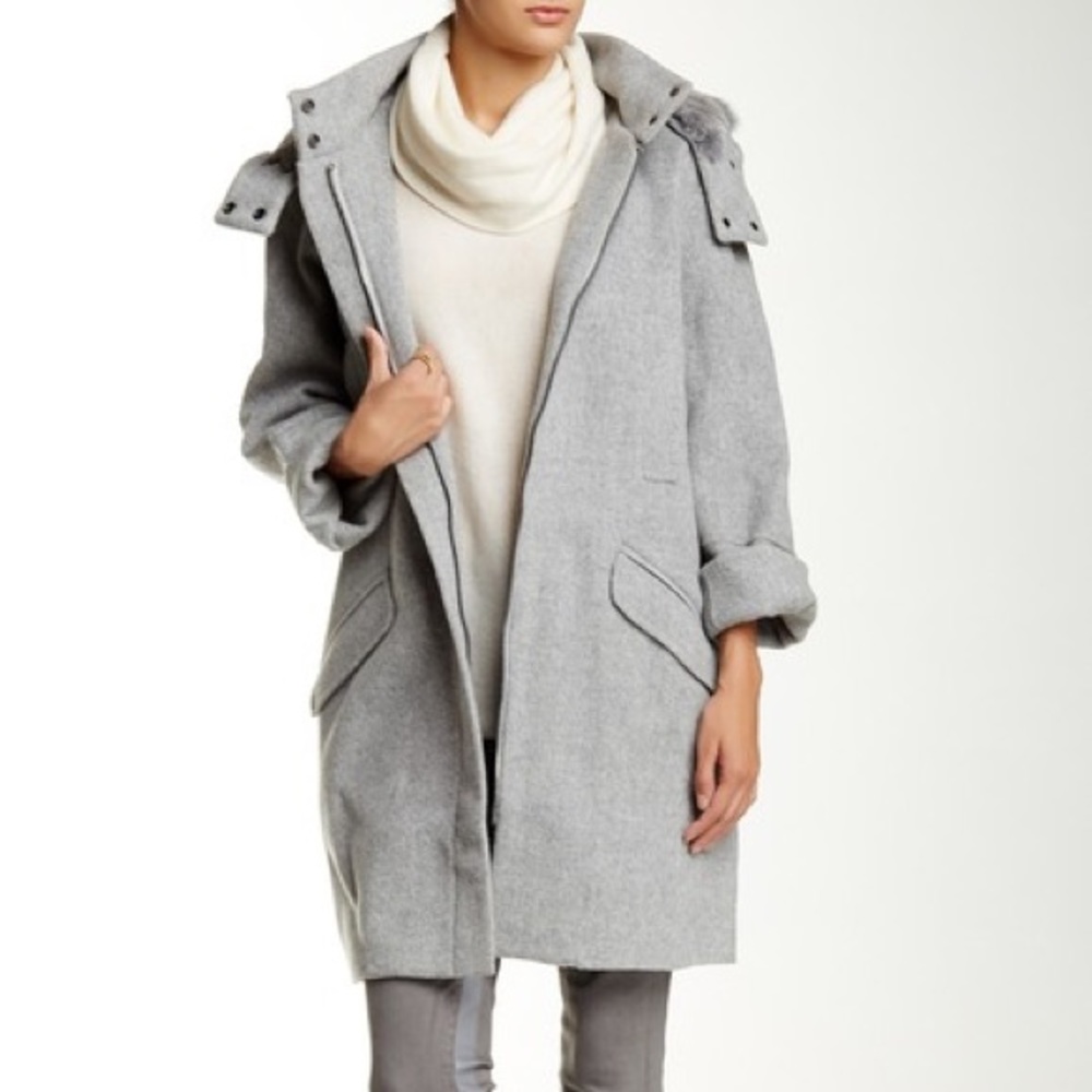 Vince Fur Hood Lined Wool Felt Coat